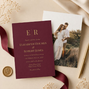 Invitation Bourgogne Or Monogramme Photo Personnalisé Mariage
