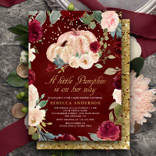 Invitation Bourgogne Or Pêche Floral Citrouille Baby Shower
