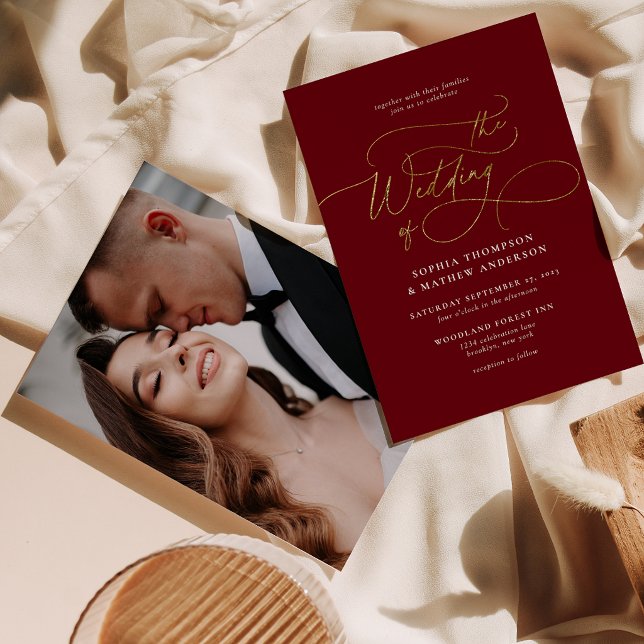 Invitation Bourgogne Or Script Calligraphie Photo Mariage (Créateur téléchargé)