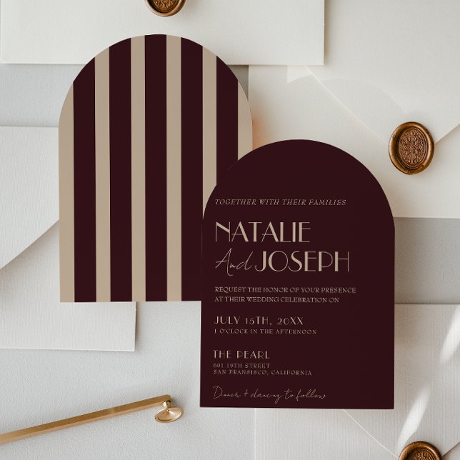 Invitation Bourgogne Or Vieille Argent Rayures Arc Wedding (Créateur téléchargé)