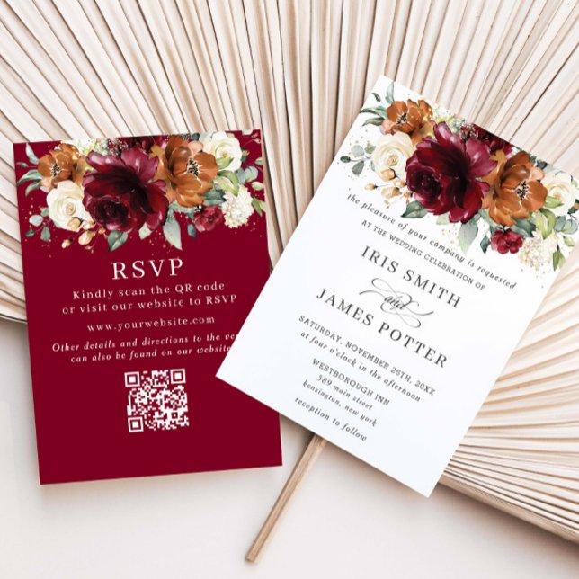 Invitation Bourgogne Orange Brûlé Ivory Fleurs Mariage QR RSV (Créateur téléchargé)