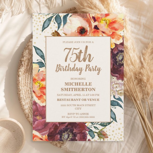Invitation Bourgogne Orange Floral Gold Parties scintillant 7 (Orange and burgundy watercolor floral and gold glitter 75th birthday party invitation)
