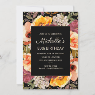 Invitation Bourgogne Orange Floral Or Noir 0e anniversaire