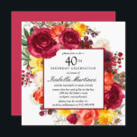 Invitation Bourgogne Orange Jaune Rose Floral 40e anniversair<br><div class="desc">Faites honneur à une personne spéciale avec cette élégante invitation de fête du 40e anniversaire. Les fleurs d'automne créent une belle couronne d'aquarelle.</div>