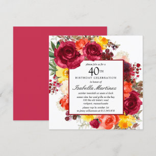 Invitation Bourgogne Orange Jaune Rose Floral 40e anniversair
