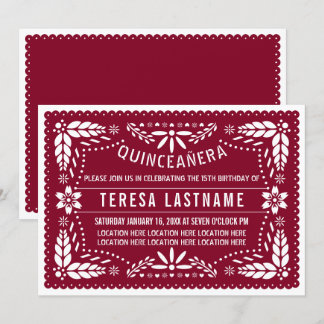 Invitation Bourgogne, papillon blanc picado mexicain Quinceañ
