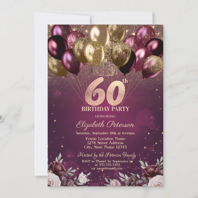 Invitation Bourgogne Parties scintillant Ballons Fleurs 60e a (Devant)