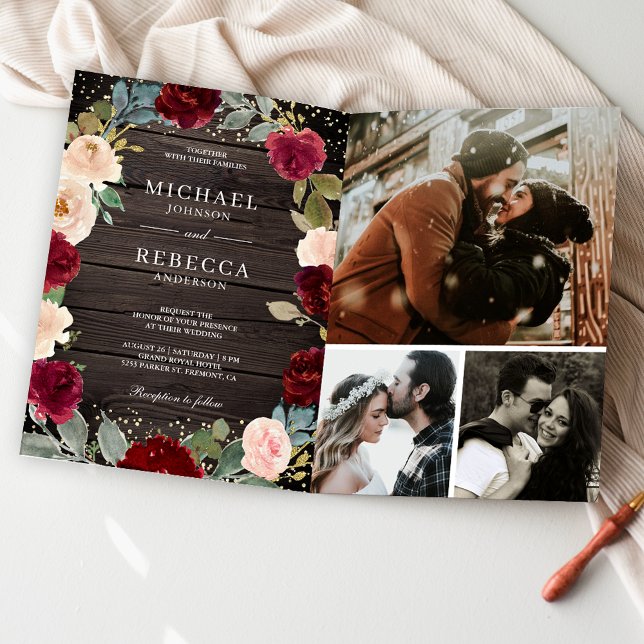 Invitation Bourgogne Pêche Floral Code QR Photo Bois Mariage (Créateur téléchargé)