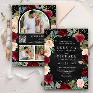 Invitation Bourgogne Pêche Floral Noir Code QR Mariage