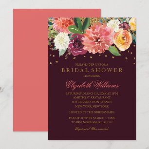 Invitation Bourgogne Pêche Or Floral Pailleté Fête de Mariage