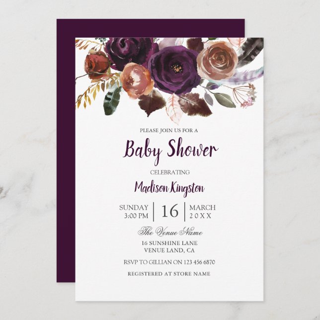 Invitation Bourgogne Plum violet Baby shower floral Invitatio (Devant / Derrière)