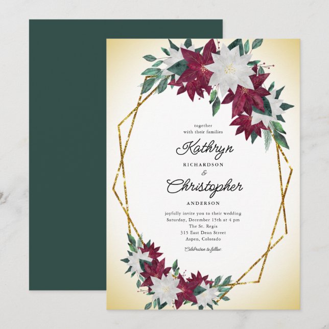Invitation Bourgogne Poinsettia Gold Frame Mariage Noël (Devant / Derrière)