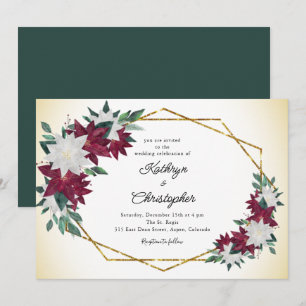 Invitation Bourgogne Poinsettias Gold Frame Mariage de Noël