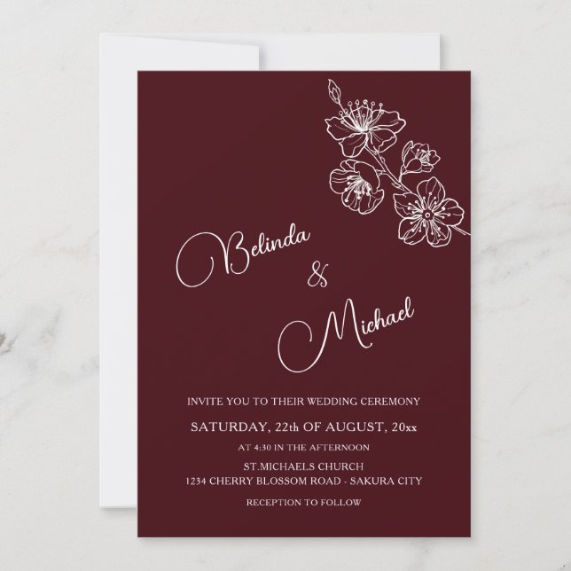 Invitation Bourgogne profond floral blanc | Mariage décontrac (Devant)