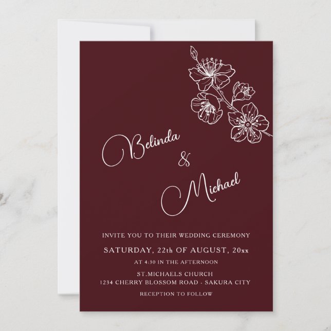 Invitation Bourgogne profond floral blanc | Mariage décontrac (Devant)