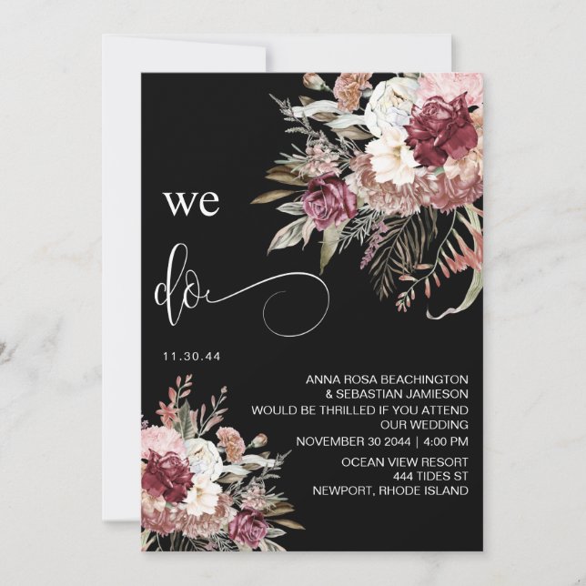 Invitation *~* Bourgogne QR AR15 Rose floral RSVP MARIAGE I (Devant)