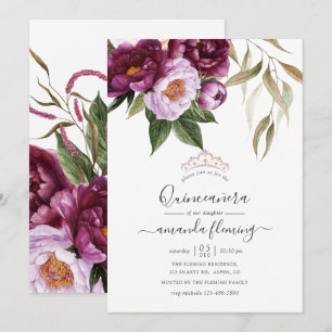 Invitation Bourgogne - Quinceañera Florale Marsala et Pêche