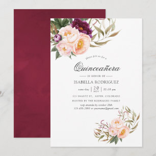 Invitation Bourgogne - Quinceañera Florale Marsala et Pêche