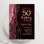 Invitation Bourgogne Red Gold Agate 50e anniversaire<br><div class="desc">Bourgogne et or agate 50e anniversaire invitation fête. Elégant design moderne avec marsala vin rouge foncé aquarelle agate marbre arrière - plan,  faux parties scintillant or et typographie script police. Carte invitation branchée parfaite pour une célébration anniversaire féminine élégante. Invitations Zazzle imprimées ou téléchargement instantané modèle imprimable numérique.</div>