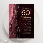 Invitation Bourgogne Red Gold Agate 60e anniversaire<br><div class="desc">Bourgogne et or agate 60e anniversaire invitation de fête. Elégant design moderne avec marsala rouge foncé aquarelle vin agate marbre arrière - plan,  fausse parties scintillant or et typographie script police. Carte invitation branchée parfaite pour une célébration anniversaire féminine élégante. Invitations Zazzle imprimées ou téléchargement instantané modèle imprimable numérique.</div>