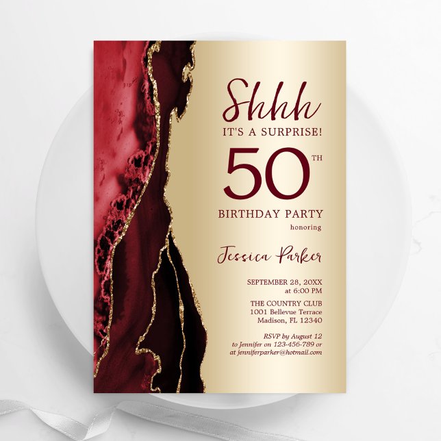Invitation Bourgogne Red Gold Agate Surprise 50e anniversaire (Créateur téléchargé)