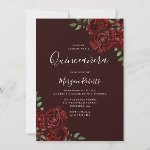 Invitation Bourgogne Romantique Roses Rouges Quinceanera