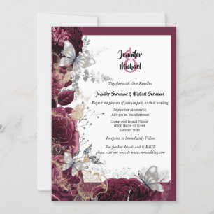 Invitation Bourgogne rose argent papillon or mariage