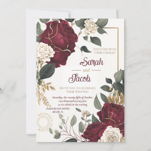 Invitation Bourgogne Rose Blanche Floral Or Élégant Mariage