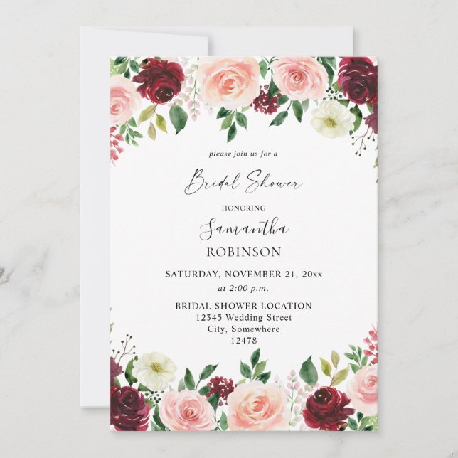 Invitation Bourgogne & Rose Blush 4 Floral Mariage 2 (Devant)