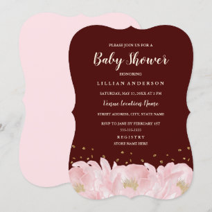 Invitation Bourgogne rose élégant Pivoine Or Fille Baby Showe