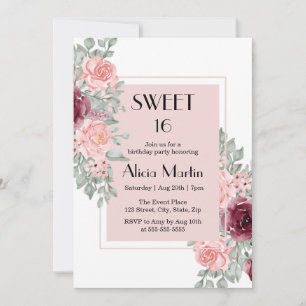 Invitation Bourgogne Rose Fleur Douce 16 Blanc Anniversaire