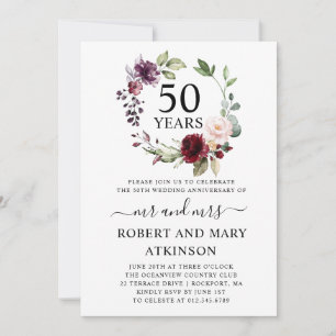 Invitation Bourgogne Rose Floral 50e Anniversaire de Mariage