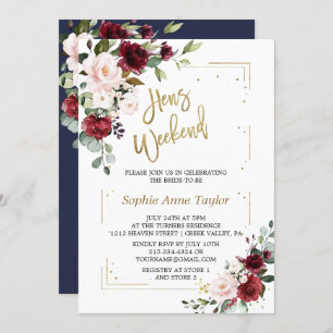 Invitation Bourgogne Rose Floral Gold Bachelorette Week-end