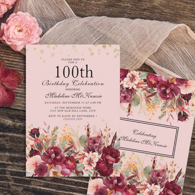 Invitation Bourgogne rose Floral Gold Parties scintillant 100 (Créateur téléchargé)