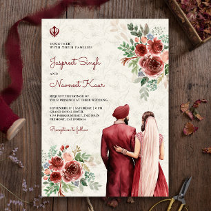 Invitation Bourgogne Rose Floral Indien Punjabi Sikh Mariage