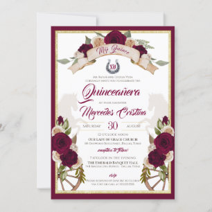 Invitation Bourgogne Rose Floral Ouest Charro Quinceanera