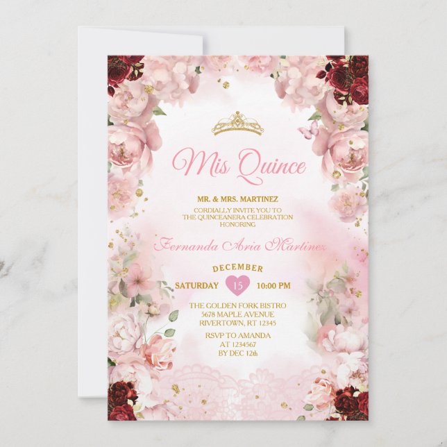 Invitation Bourgogne rose Floral Ruban Or Couronne Mis Quince (Devant)