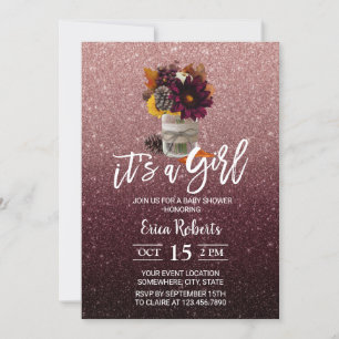Invitation Bourgogne & Rose Gold Automne Floral Jar Baby show