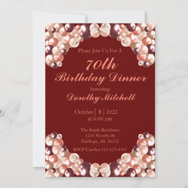 Invitation Bourgogne Rose Gold Balloon 70e anniversaire (Devant)