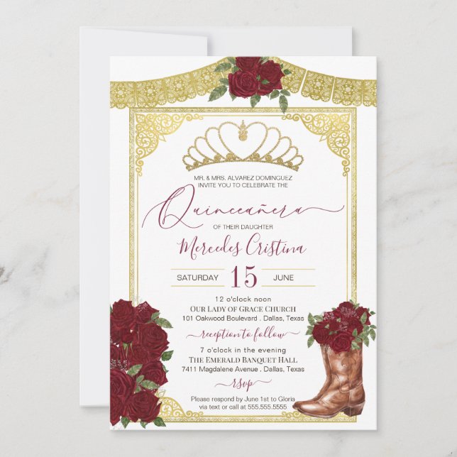 Invitation Bourgogne Rose Gold Floral Boot Charro Quinceanera (Devant)