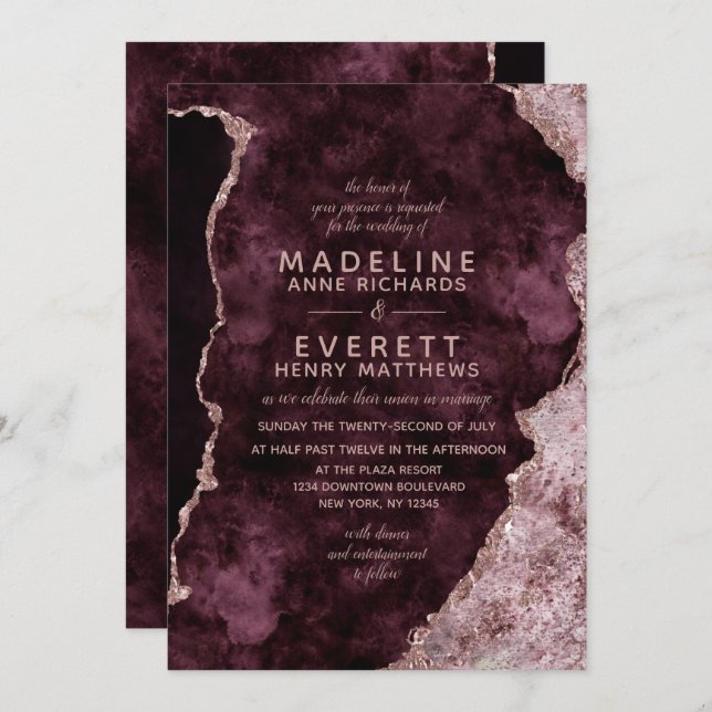 Invitation Bourgogne & Rose Gold Marblé Agate Mariage (Devant / Derrière)