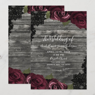 Invitation Bourgogne Rose gris bois noir dentelle Mariage