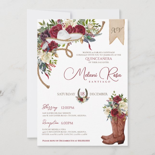 Invitation Bourgogne Rose hiver Ouest Charro Quinceanera (Devant)