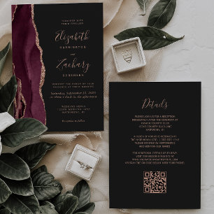 Invitation Bourgogne Rose Or Agate Foncé Code QR Mariage