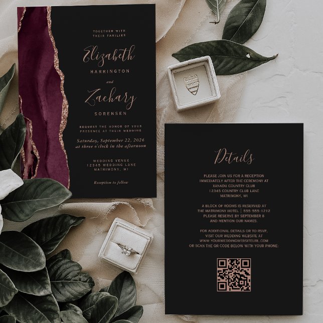 Invitation Bourgogne Rose Or Agate Foncé Code QR Mariage (Créateur téléchargé)