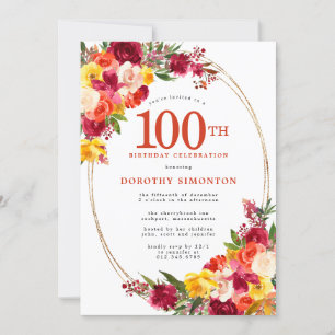 Invitation Bourgogne rose orange jaune floral 100e anniversai
