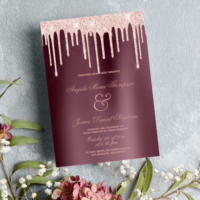 Invitation Bourgogne rose parties scintillant d'or goutte mar (Burgundy rose gold glitter drips glamorous wedding)