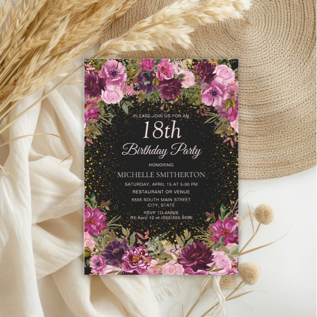 Invitation Bourgogne rose Parties scintillant florale Noir 18 (Elegant burgundy and pink watercolor floral on black 18th birthday party invitation)