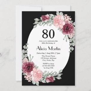Invitation Bourgogne rose Roses 80e anniversaire Black Invita