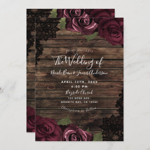Invitation Bourgogne Rose Rustique Bois noir Mariage dentelle